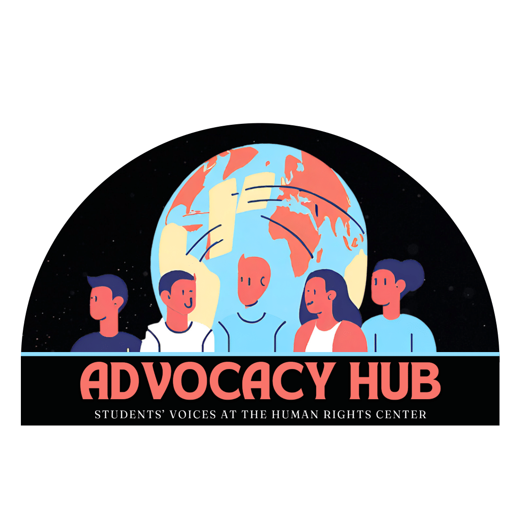 Logo of Advocacy Hub, 5 people in front of planet earth with the caption Advocacy Hub - Students' Voices at the Human Rights Centre